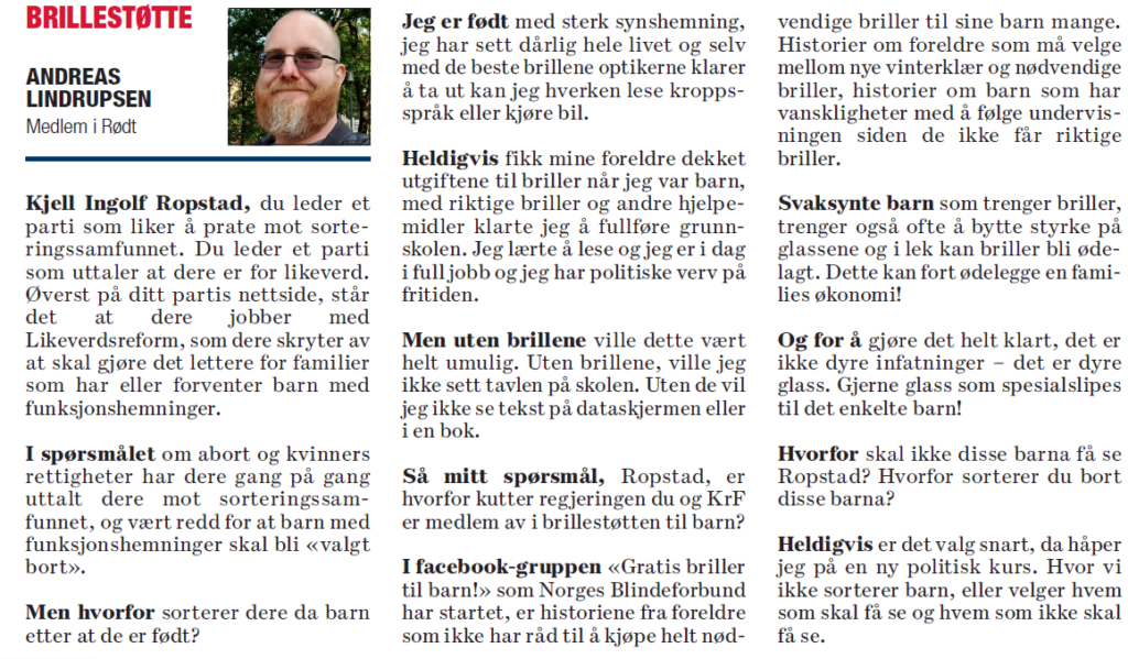 Faksemile, av innlegget slik det så ut på trykk i Dagsavisen. 